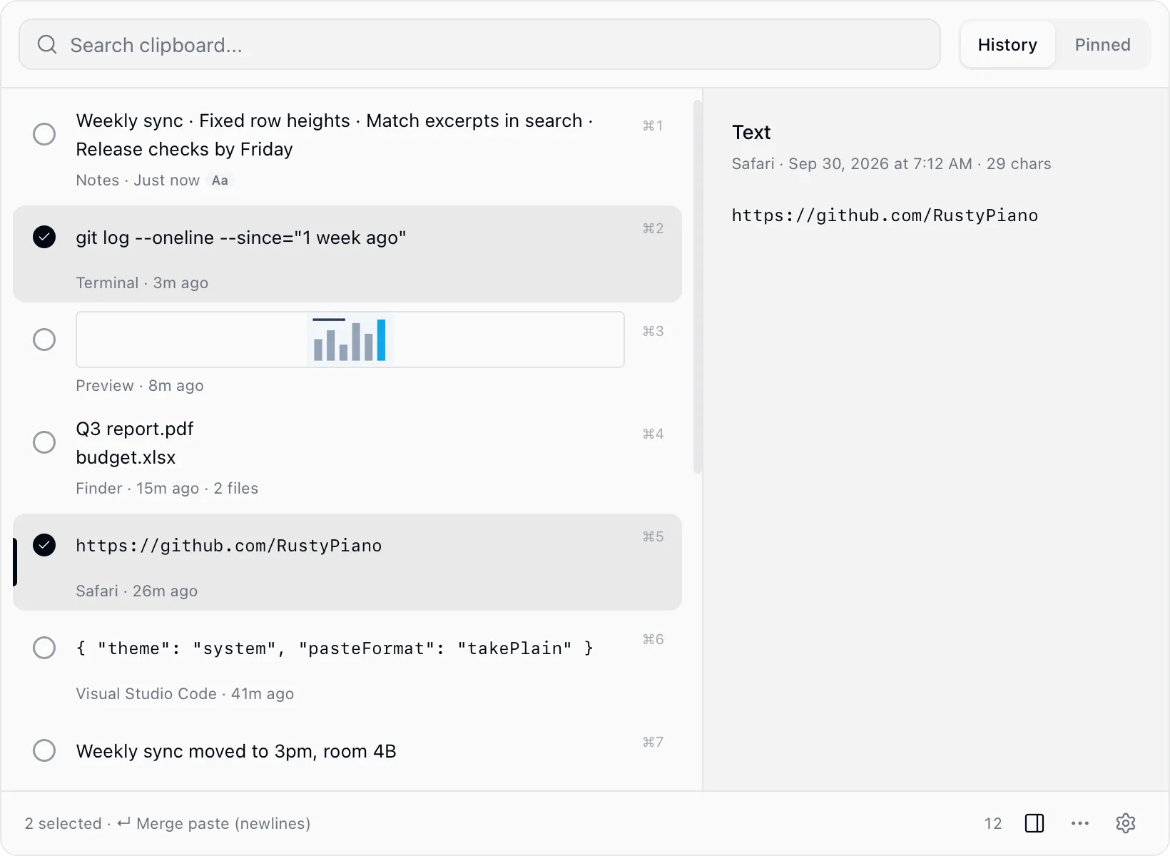 Two items selected in the QuickBar, with merge paste shown in the footer