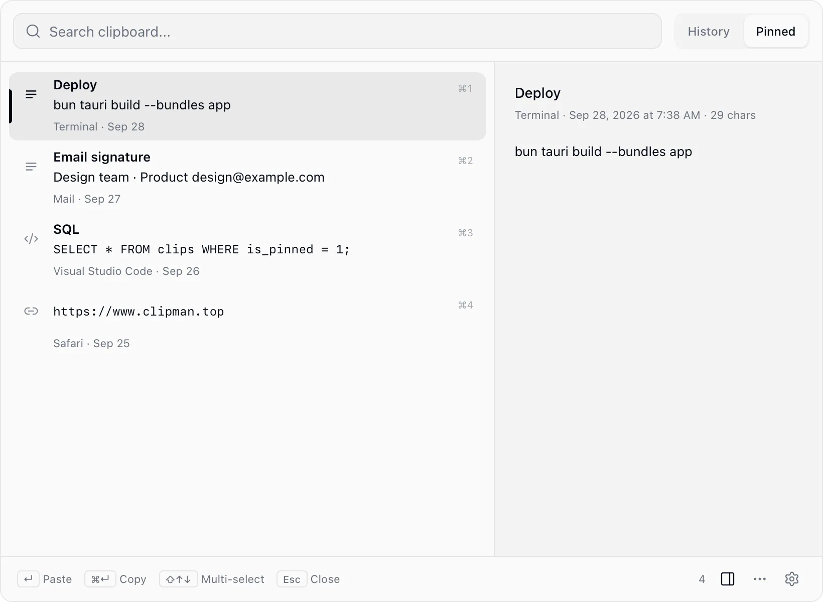 Pinned list with a labeled deploy command, email signature and SQL query