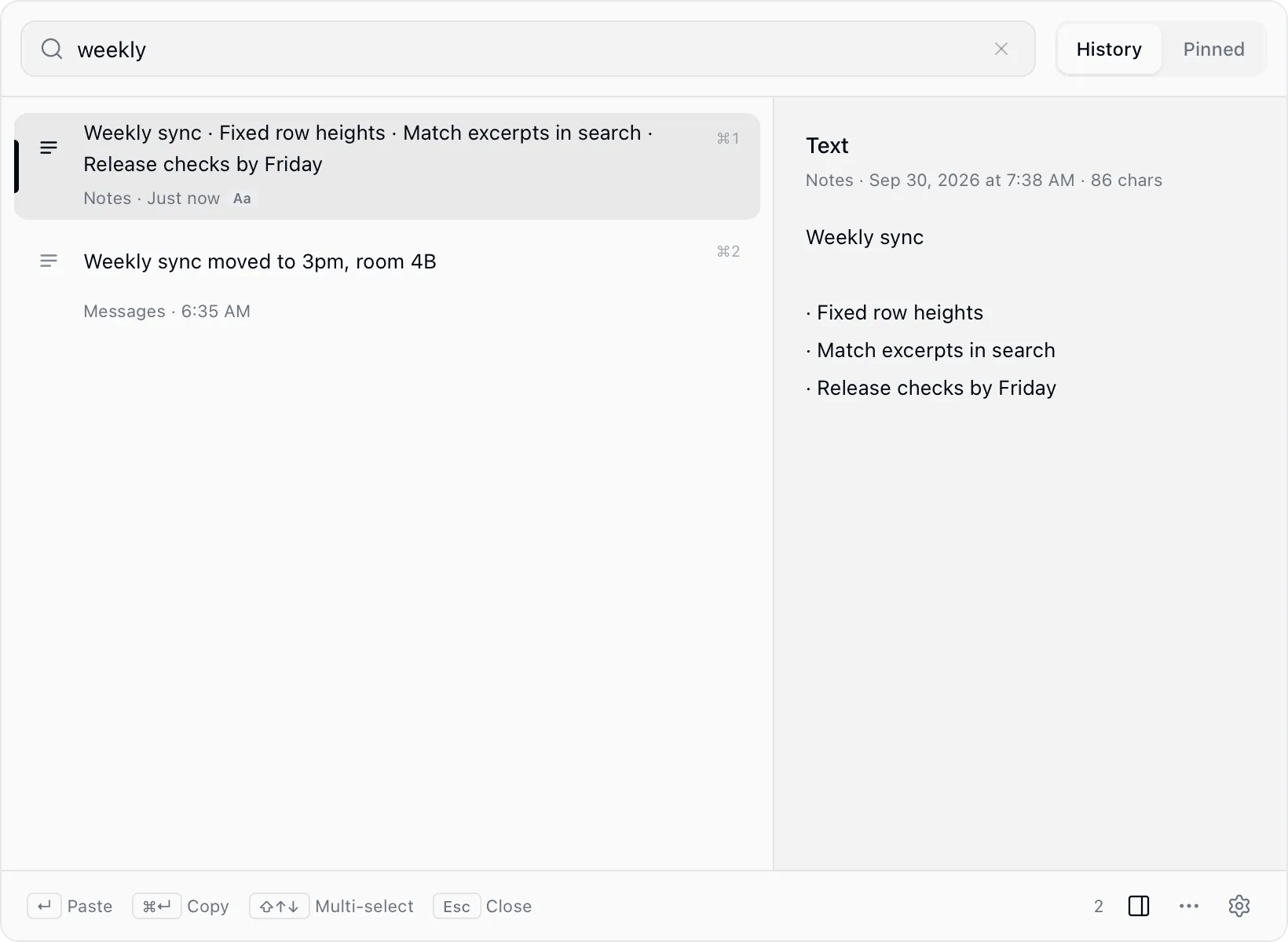 Searching for "weekly" in the QuickBar lists two matching items